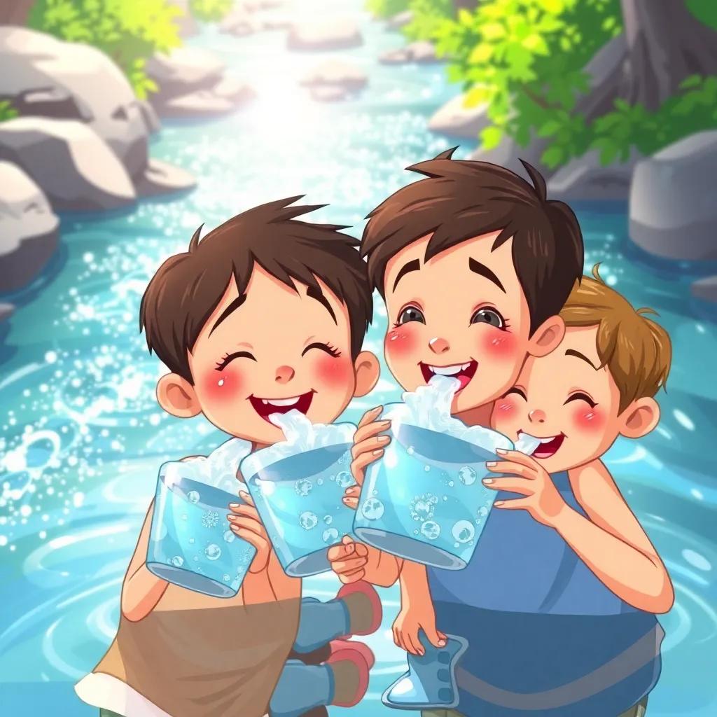 The children taking big sips of the refreshing water, smiles and happy expressions, with the sparkling river behind them, high quality illustration, rich colors