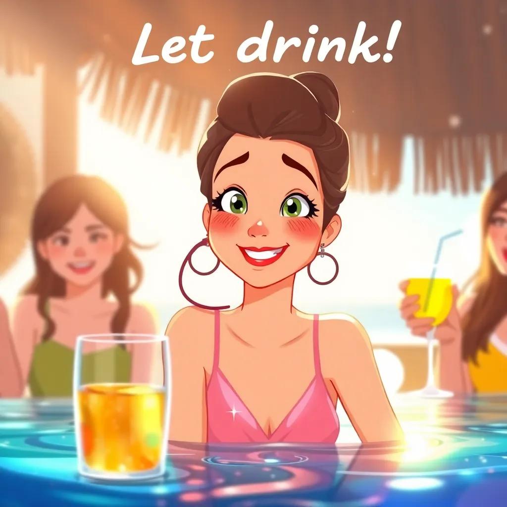 An illustration of Leila smiling, saying to her friends: "Let’s drink!" with sparkling sunlight reflecting off the water, vibrant atmosphere, high quality