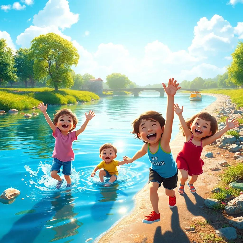 The children playing joyfully by the river, happy moments captured, radiant sunlight, colorful environment, high quality, childhood joy scene