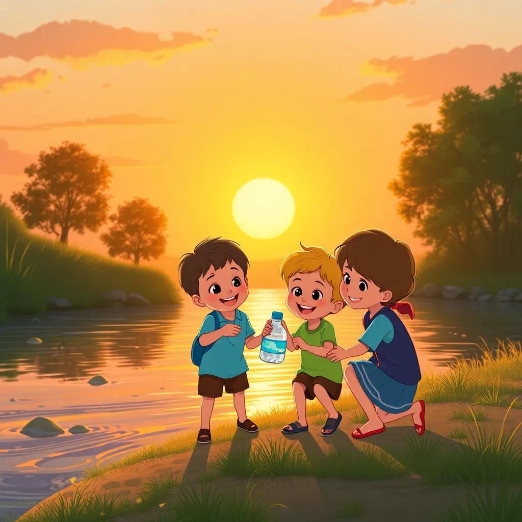 The sunset scene of the children playing together near the river with the water bottle, happy faces, warm glow of the sun, high quality illustration