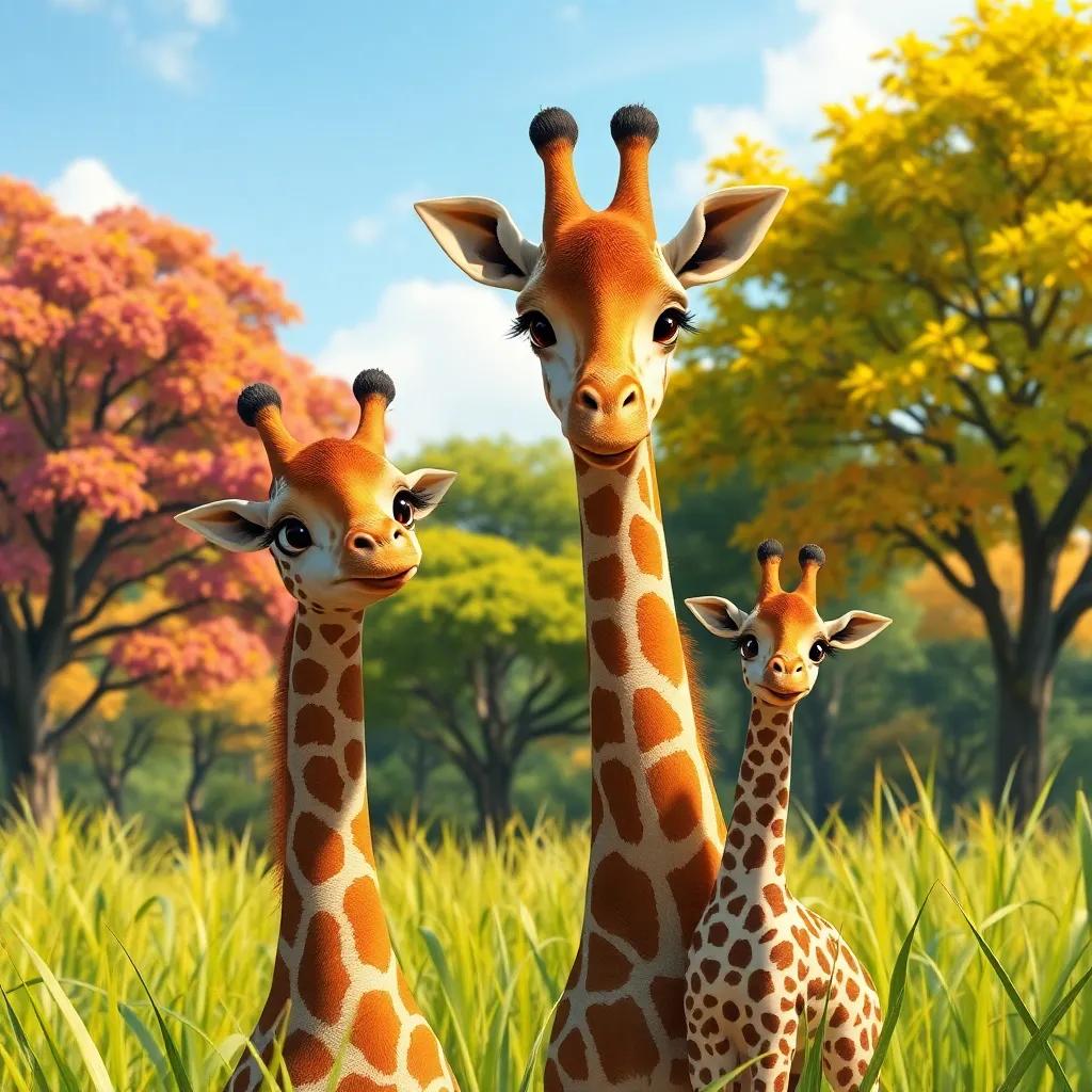 A family of three giraffes in a lush savanna, an adult mother giraffe with long lashes, a father giraffe with a gentle expression, and a little baby giraffe with playful spots, colorful trees and tall grass, bright sunlight, cheerful atmosphere, child-friendly, digital art, high-quality