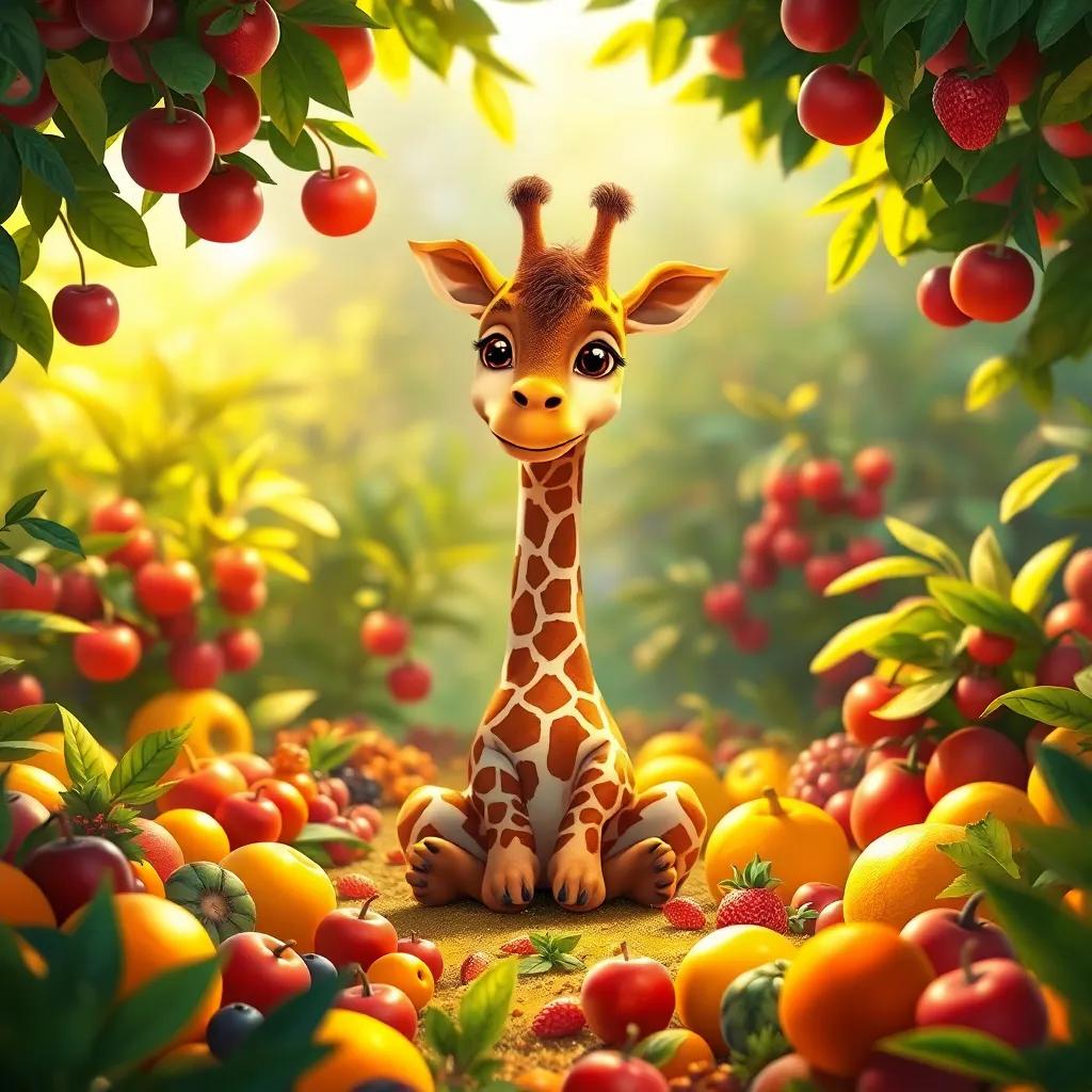 A baby giraffe sitting alone in a garden full of food, looking guilty, surrounded by colorful fruits and leaves, warm sunlight, vibrant colors, heartwarming scene, detailed illustration, inviting feel, high-quality