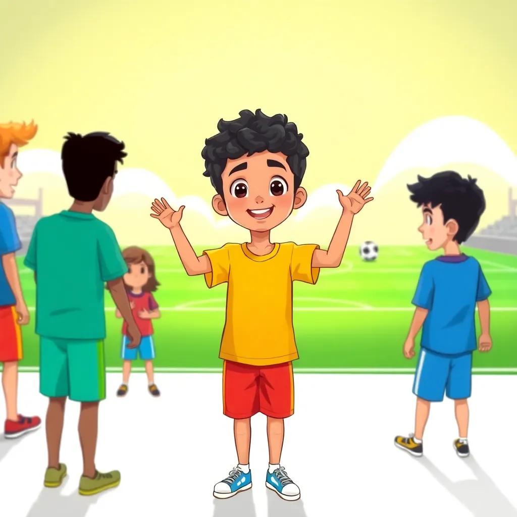A young Arab boy, Zaq, with short, curly black hair, wearing a bright t-shirt and shorts, standing at a sunny soccer field with friends, cheering and smiling, digital art, colorful, playful atmosphere, high quality