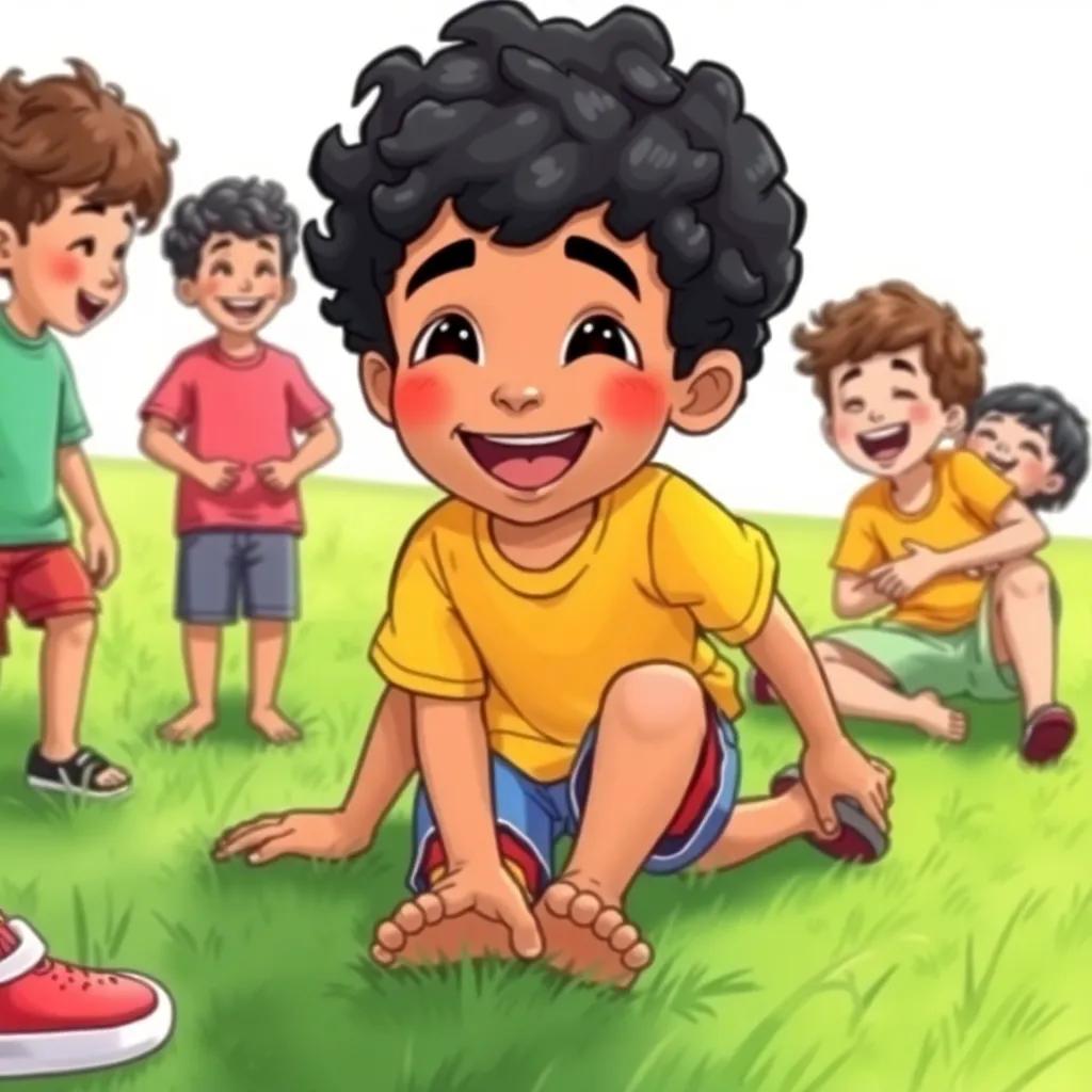 Zaq, a young Arab boy with short, curly black hair in a bright t-shirt and shorts, slipping on grass, laughing with friends around him, cheerful scene, lighthearted, bright colors, fun perspective, high quality
