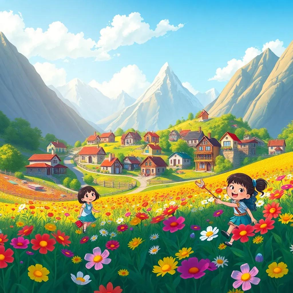 A small village nestled between mountains with houses and gardens, children playing in vibrant flower fields with smiles, afternoon sun, cheerful atmosphere, detailed illustration, high quality
