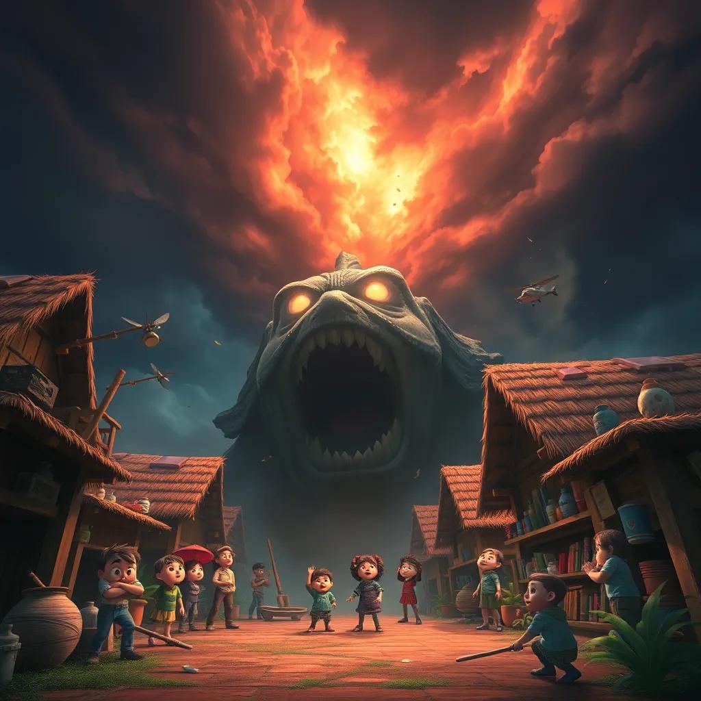 A powerful roar shaking the ground, villagers with wide eyes in shock, objects flying off shelves, dark clouds gathering above, intense scene of fear, colorful digital art, dramatic perspective