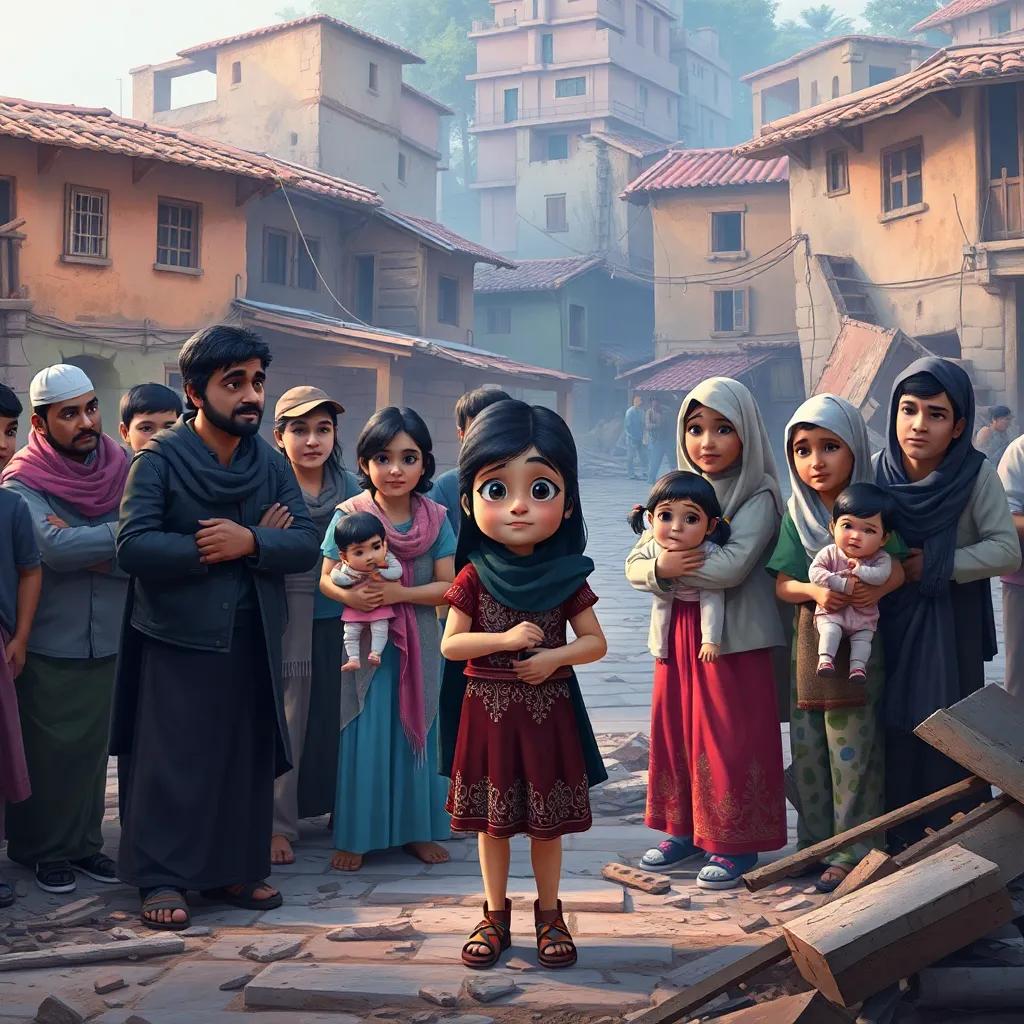 Villagers gathering in the square, a girl named Leila searching for her mother, others holding children, expressions of worry, surrounded by fallen debris, heartfelt atmosphere, vivid colors