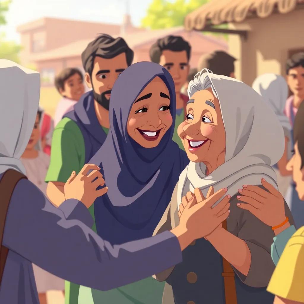 People helping each other, an elderly woman named Saad gently encouraging them, a bright smile on her face, community spirit, bright warm surroundings, uplifting illustration, high quality