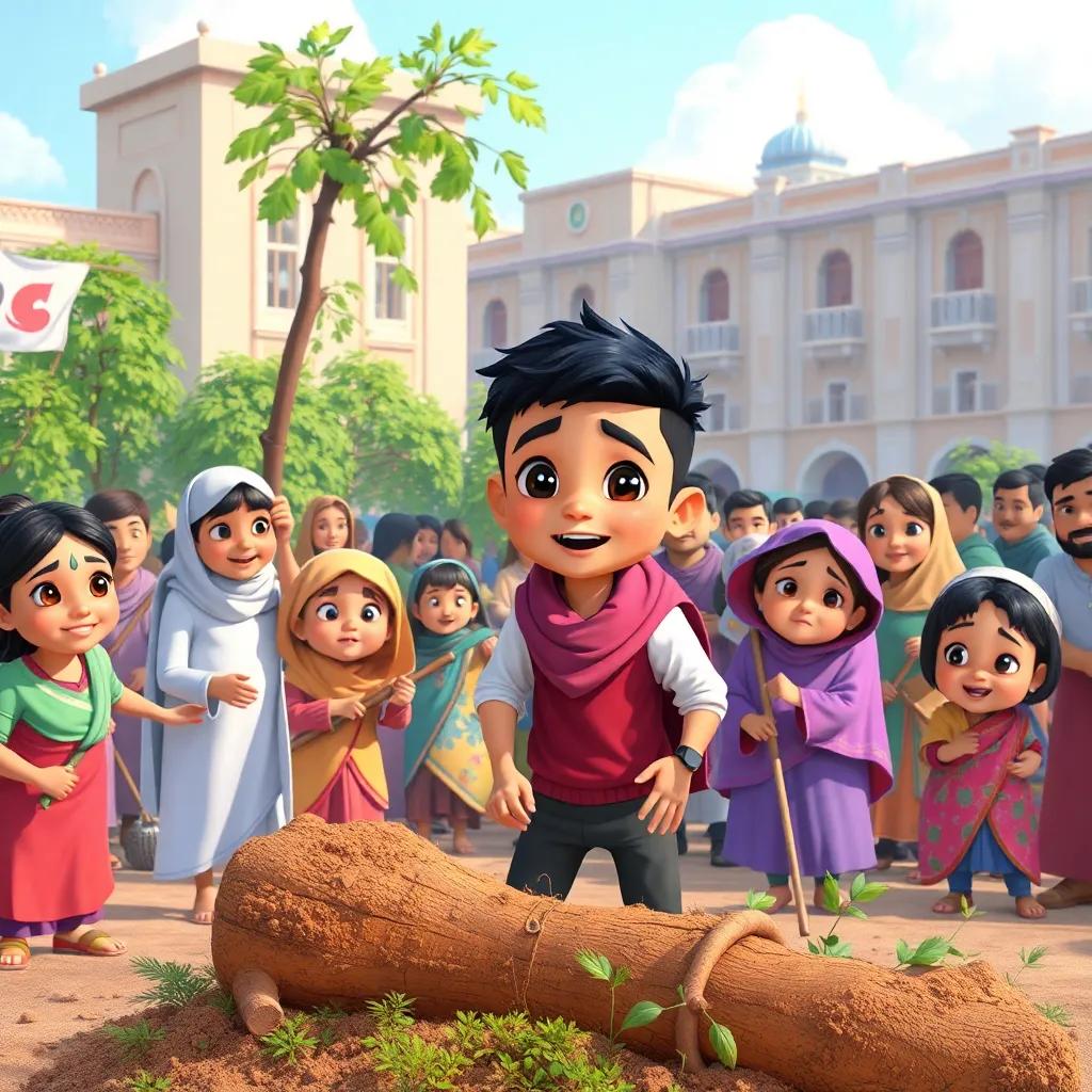 Families working together to clean the square, chopping fallen trees, a boy named Yusuf rallying everyone, determination in their eyes, teamwork depicted in a vibrant scene, colorful characters