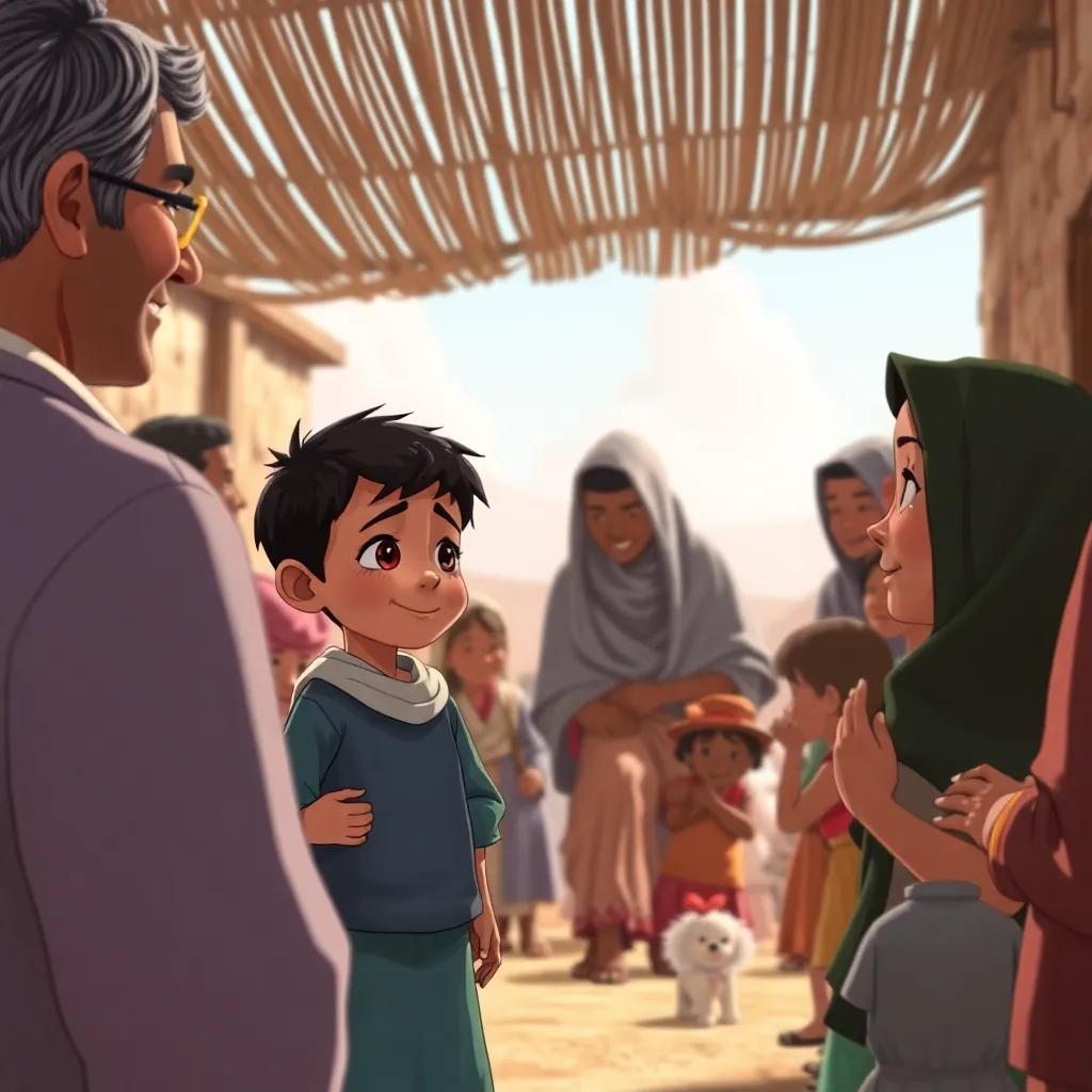 Families reuniting, a boy named Abdullah asking about his sister's well-being, tears and smiles exchanged, a small gathering in the heart of the village, warmth and love emanating from the scene, detailed art