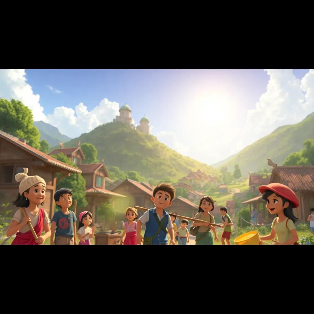 As villagers clear and rebuild, bright sun shining down, hope and perseverance visible in everyone's actions, picturesque village background, cooperation highlighted, joyful atmosphere, digital art