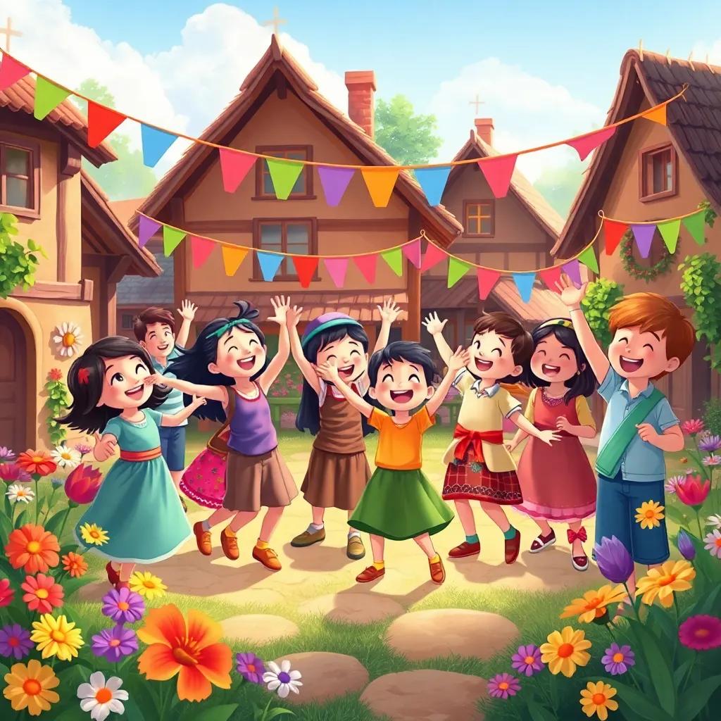 The village celebrating together, children dancing with joy, colorful banners and flowers around, sense of community and hope, vibrant and cheerful scene, heartwarming illustration