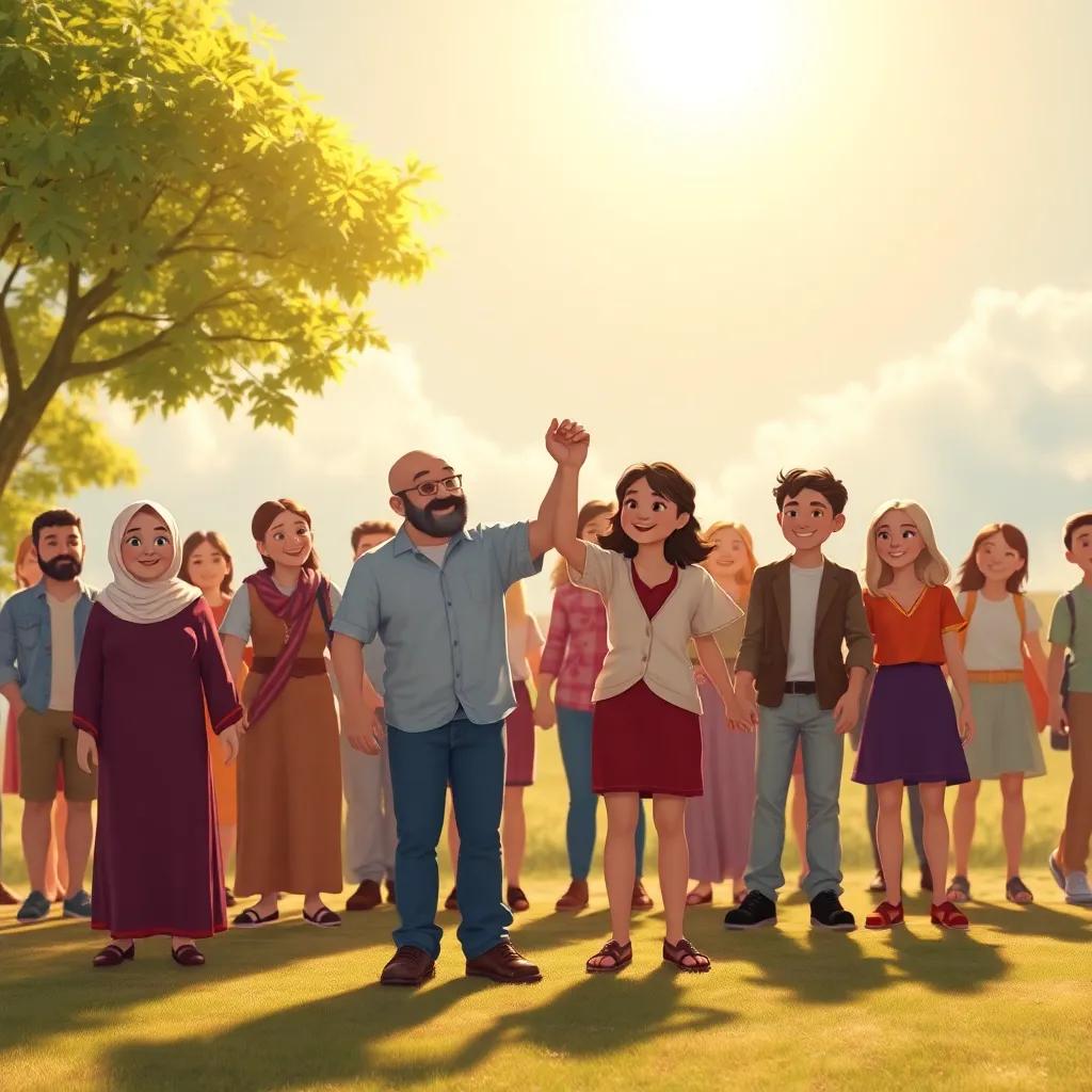 A final gathering, everyone holding hands under the sun, declarations of love for their home, a strong bond symbolized through smiles and unity, uplifting completion, storybook art