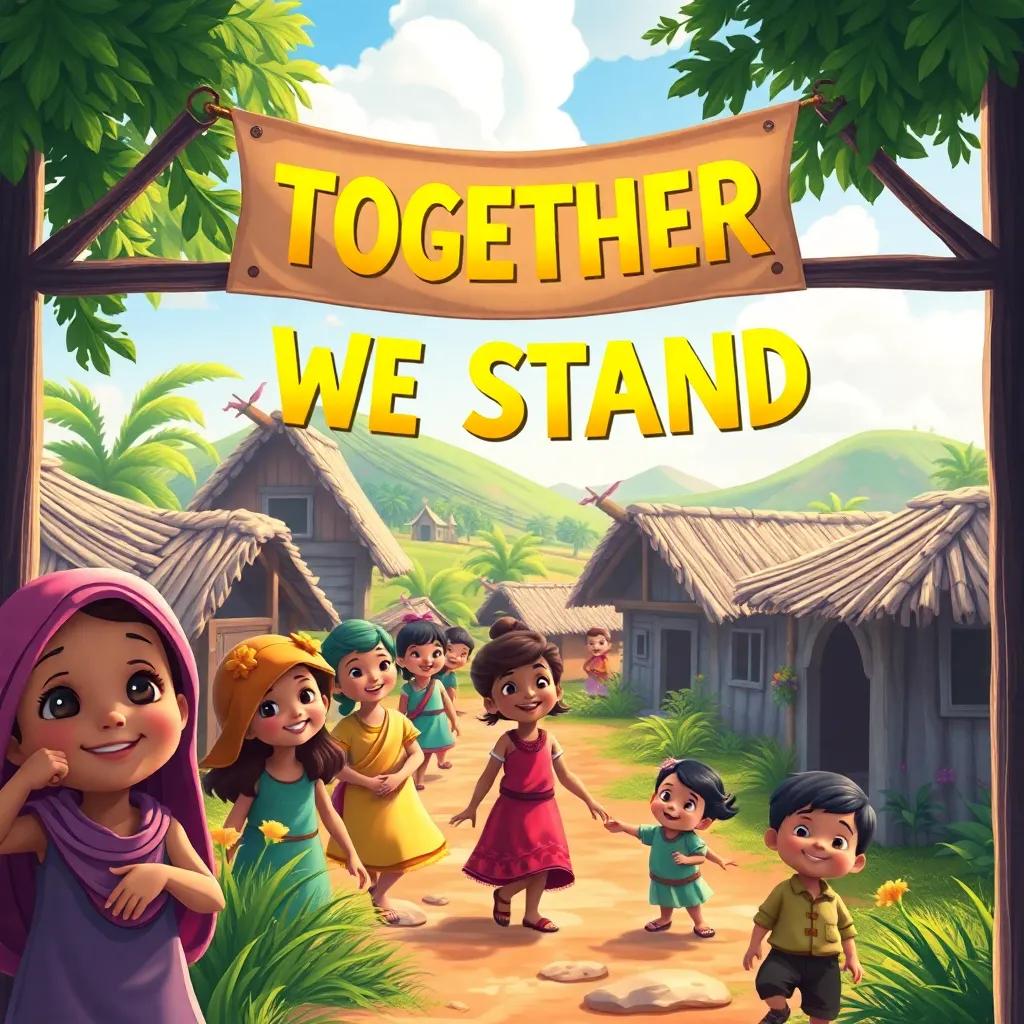 A banner saying 'Together We Stand', bright and colorful, villagers smiling, children playing in the background, peaceful yet vibrant atmosphere, captivating child-friendly art