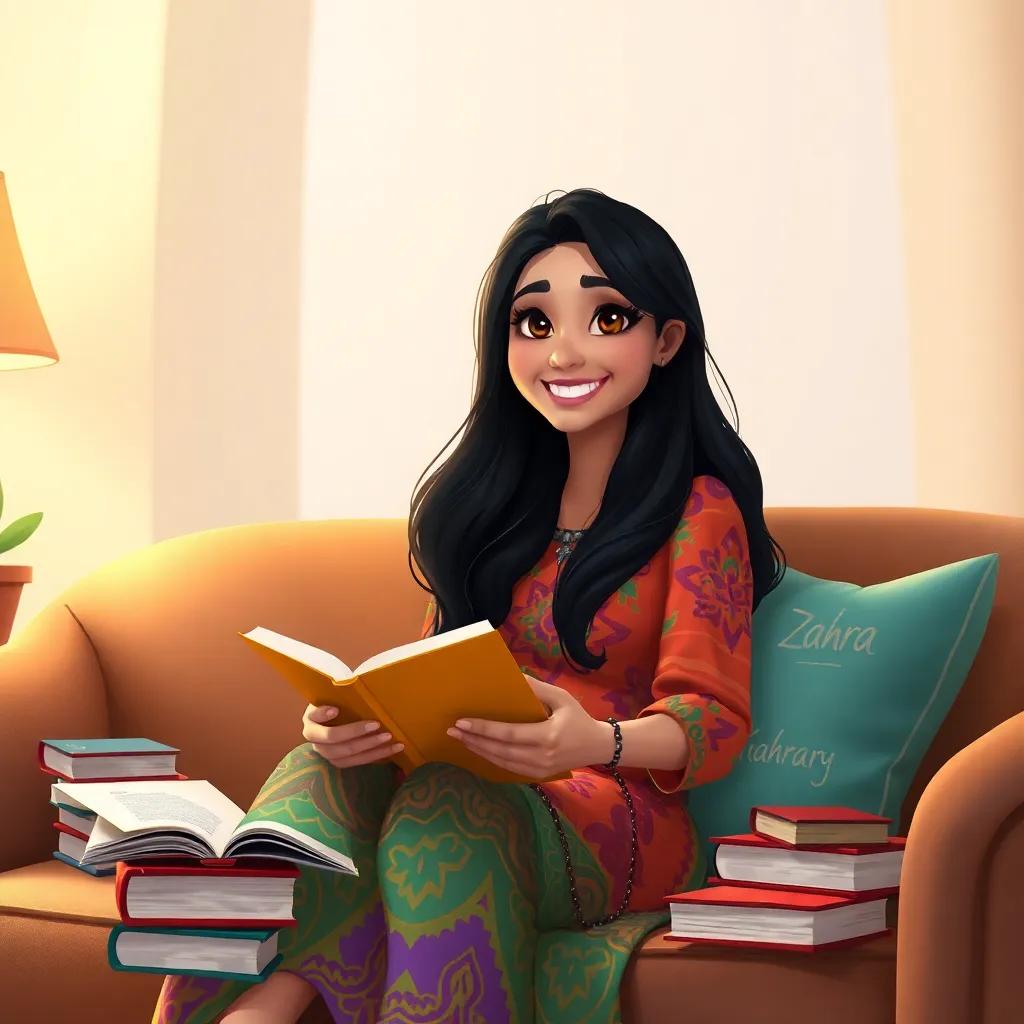 A happy Arab woman, Zahra, with long, dark hair, wearing a colorful dress, sitting on a cozy couch with books around her, smiling and reading, digital art, warm colors, inviting atmosphere, high quality