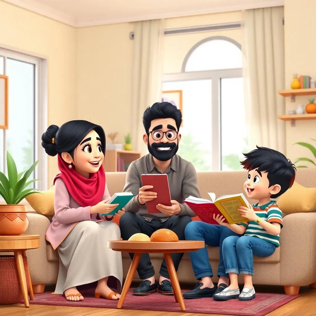 A lively family discussion scene in a cheerful living room, Zahra, a happy woman, Muslim, tall boy, and Hasan, a younger boy, animatedly talking about food and books, child-friendly, bright colors, engaging composition, high quality