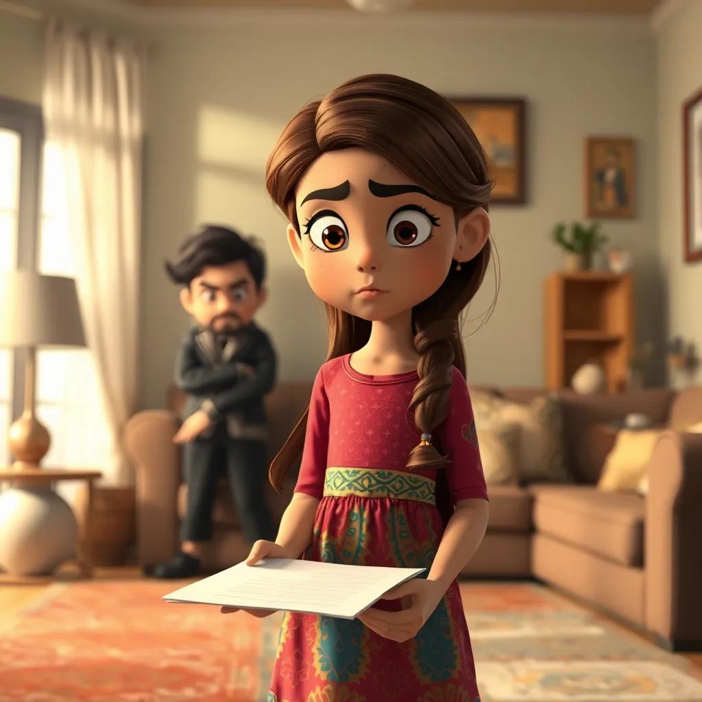 A young Arab girl, Zahra, with long brown hair, wearing a colorful dress, standing in front of her father looking angry, doodling on a piece of paper, in a cozy living room, soft light, family atmosphere, high quality