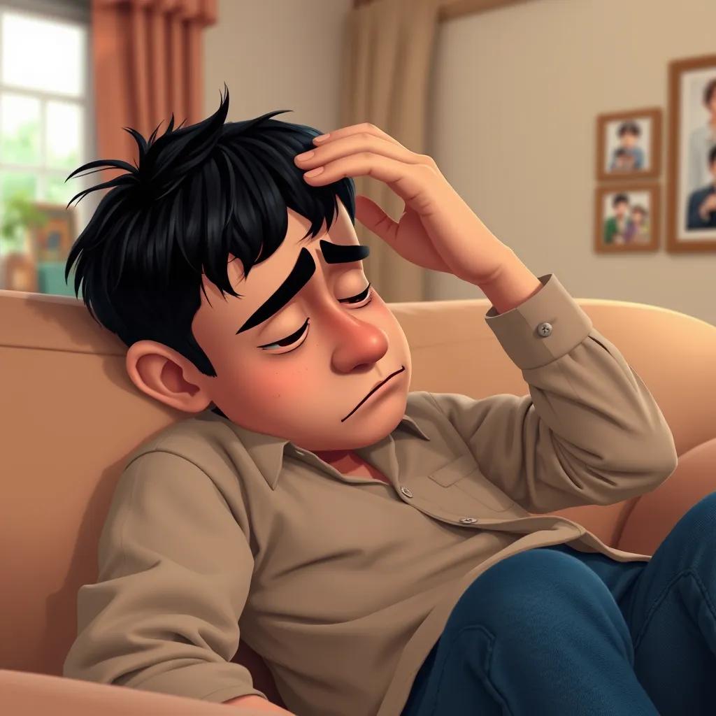 A sad father, with short black hair, wearing a casual shirt and jeans, lying on the couch with a hand on his forehead, looking tired and unwell, in a cozy living room with a window and family pictures, warm colors, caring atmosphere, high quality