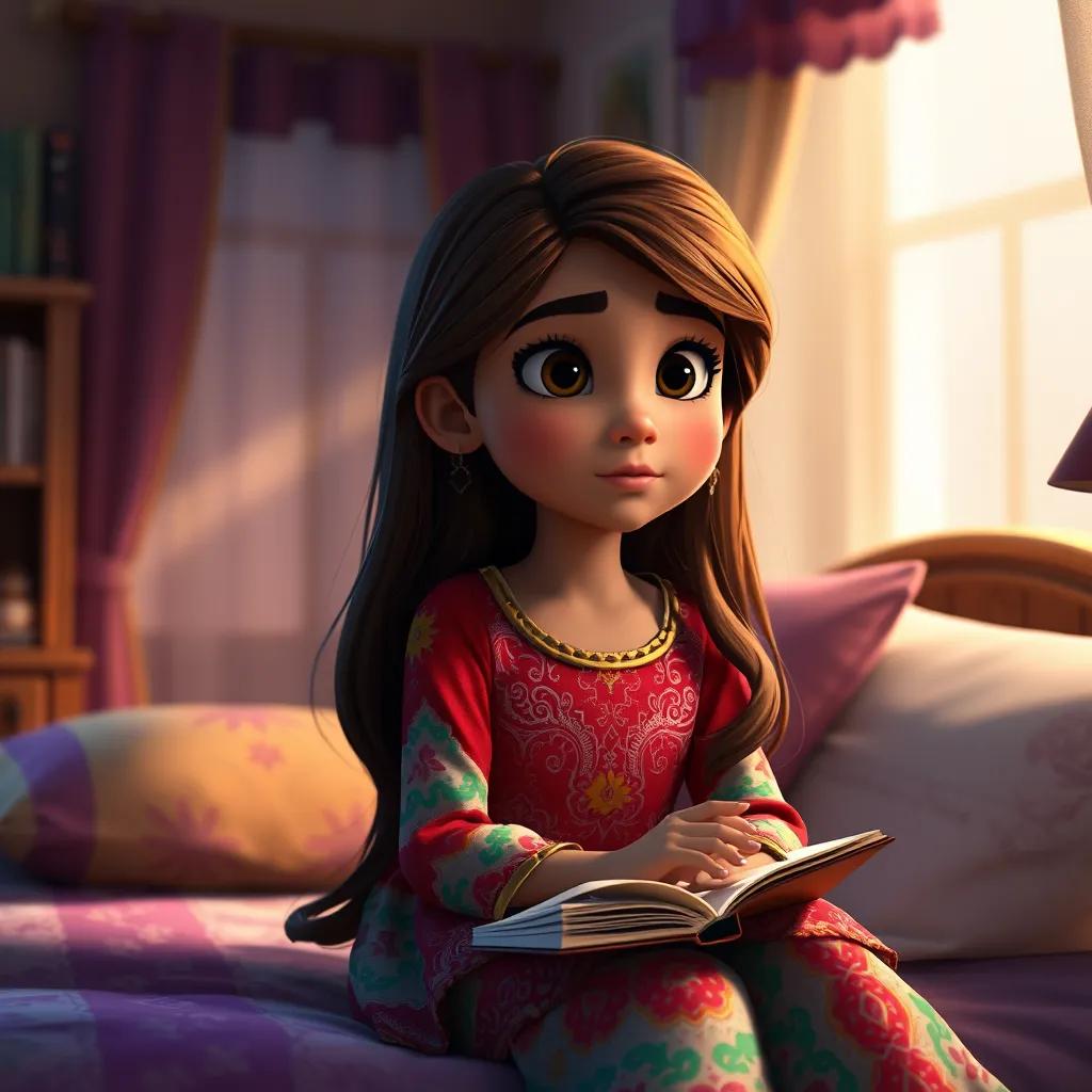 A thoughtful young Arab girl, Zahra, with long brown hair, wearing a colorful dress, sitting by her bedside, looking contemplative with a book, in a warm and inviting room with soft lighting, rich colors, emotional atmosphere, high quality