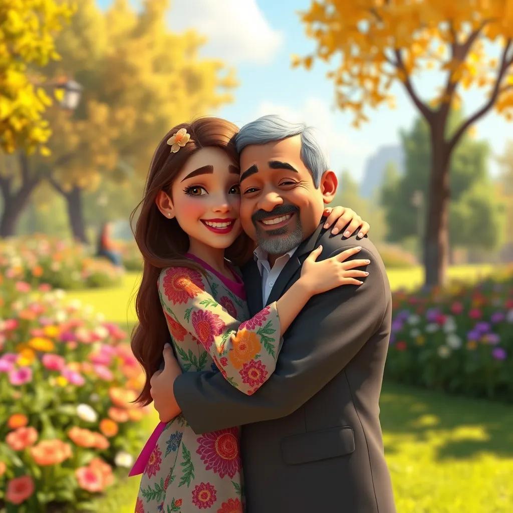 Zahra, a young Arab girl, with long brown hair, wearing a colorful dress, hugging her father tightly, both smiling with joy, in a sunny park with flowers and trees, vibrant colors, happy atmosphere, high quality