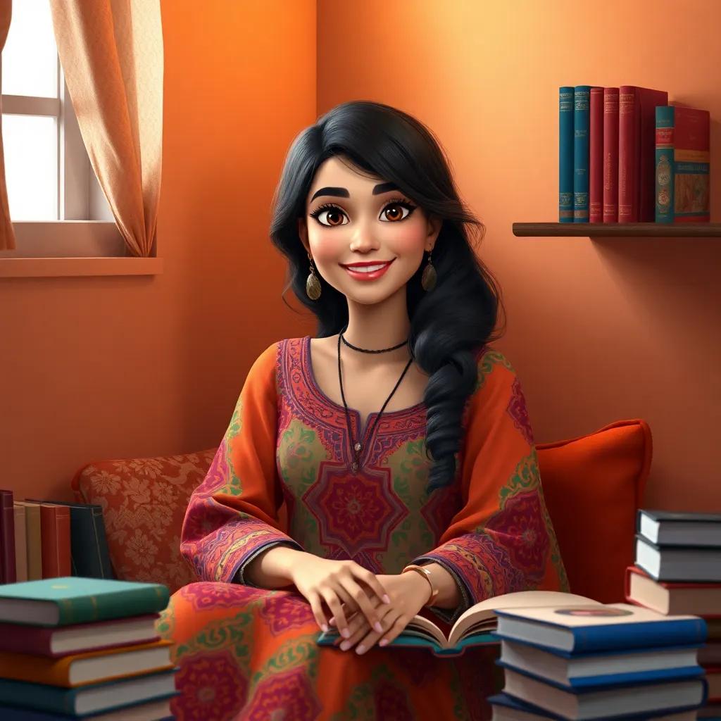 A woman named Zahra, a Middle-Eastern woman in her thirties, wearing a colorful dress, sitting in a cozy corner with books around her, warm lighting, inviting atmosphere, cheerful, high quality
