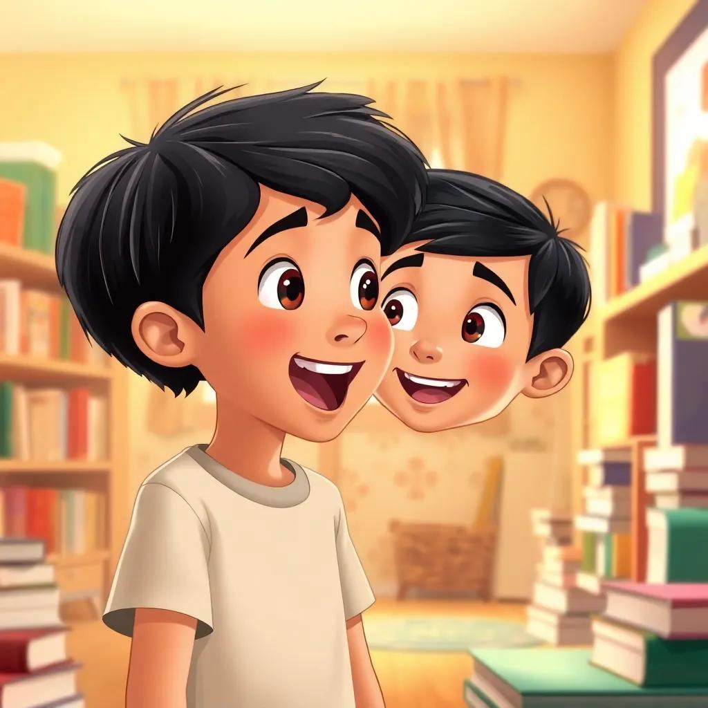 A young boy named Muslim, around 10 years old, with short black hair and wearing a t-shirt, excitedly talking to his mother Zahra in a room filled with books, digital art, bright colors, joyful mood, child-friendly