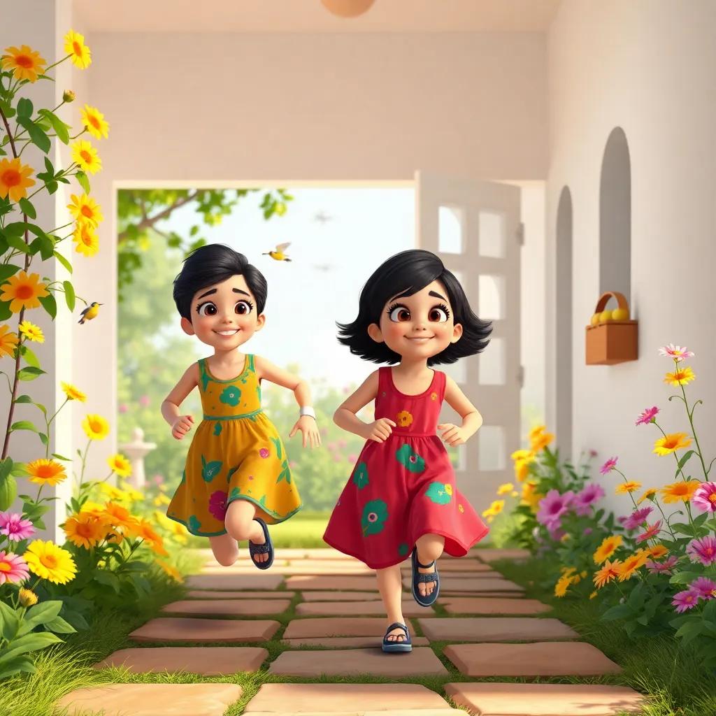 A cheerful scene of two young Arab girls, Zahra and Mariam, with short hair, wearing colorful summer dresses, running out of a white house towards a sunny garden filled with flowers and singing birds, bright and cheerful atmosphere, digital art, vibrant colors, joyful expression, high quality