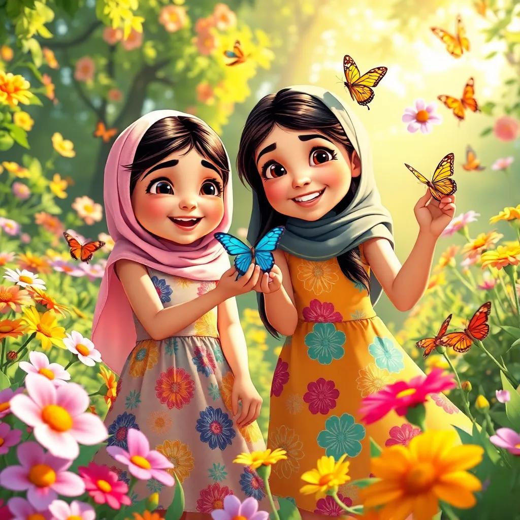 A lively garden scene with two young Arab girls, Zahra and Mariam, in colorful summer dresses, surrounded by blooming flowers and colorful butterflies, joyfully chasing a butterfly together, bright sunlight, colorful and inviting atmosphere, cheerful expression, detailed illustration, high quality