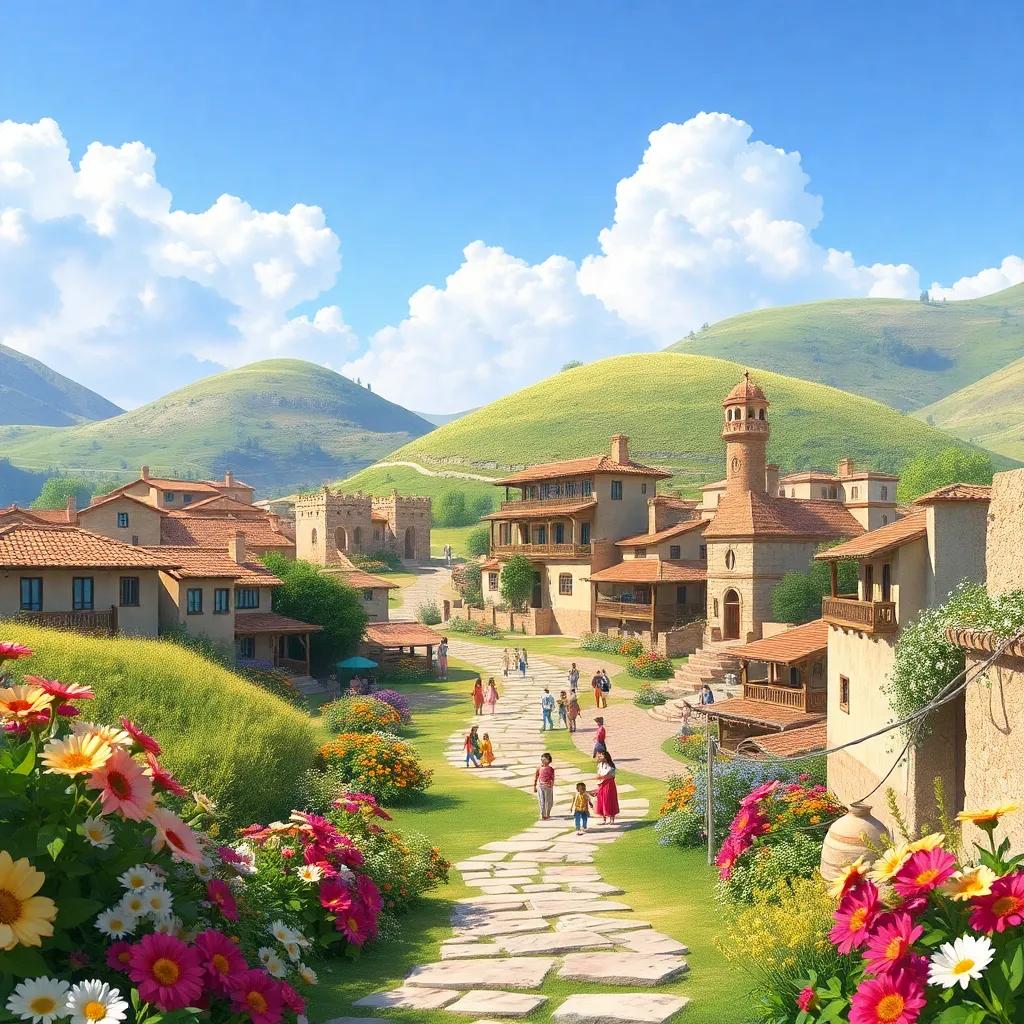A picturesque village named 'Al-Wardiya', surrounded by green hills and blooming flowers, with a cheerful atmosphere, digital art, vibrant colors, sunny, inviting, community life, high quality