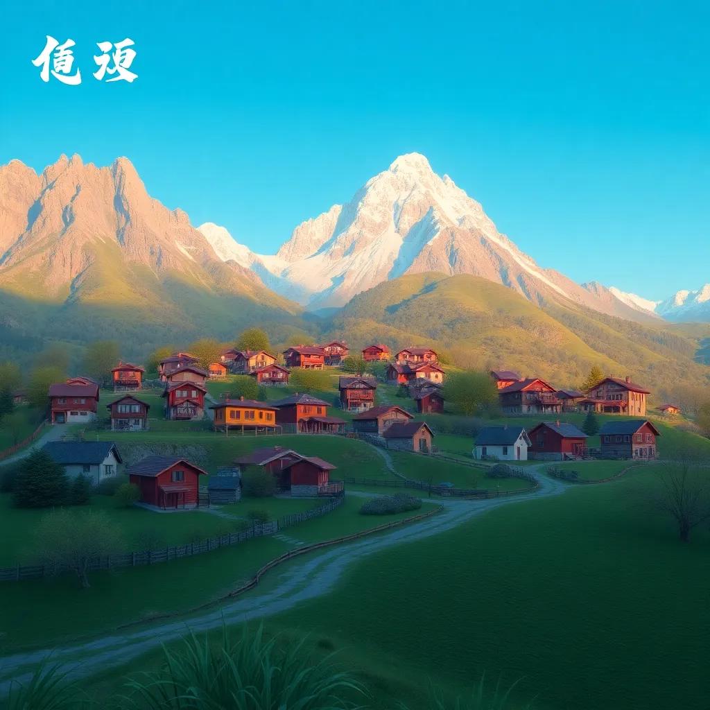 A beautiful mountain village named "الوردية", with cozy houses and fields under a bright blue sky, digital art, vibrant colors, peaceful scenery, warm light, high quality