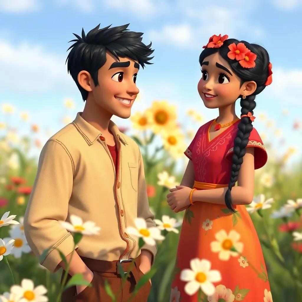 Ali, a young man in his twenties with short black hair and wearing simple farm clothes, talking to Fatima, a brave girl with braided hair wearing a colorful dress, surrounded by blooming flowers, cheerful atmosphere, friendly interaction, detailed