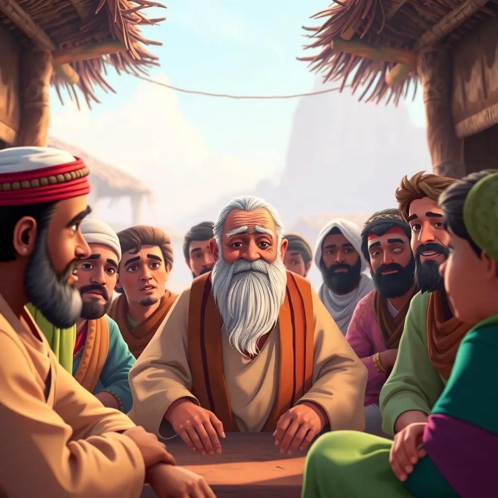 The village council gathering with elderly Sheikh Salim, a wise old man with a white beard, speaking to villagers, including a reluctant character, صالح, a man with a frown wearing casual clothes, enthusiastic villagers around, community spirit, warm lighting, vibrant