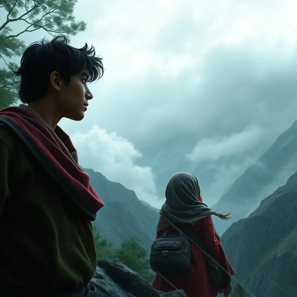 Ali and Fatima facing a strong storm while climbing mountains, trees swaying, wind blowing their clothes, determination on their faces, realistic details, intense atmosphere, high quality