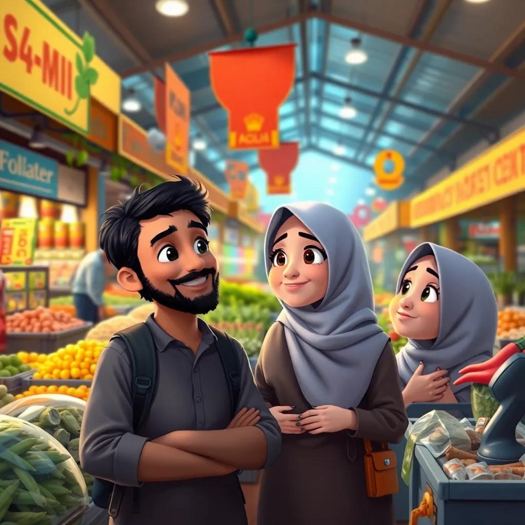 The busy market in the city, with Ali and Fatima looking at modern farming equipment, colorful stalls around them, excitement in their eyes, detailed, bright colors, optimistic setting, child-friendly