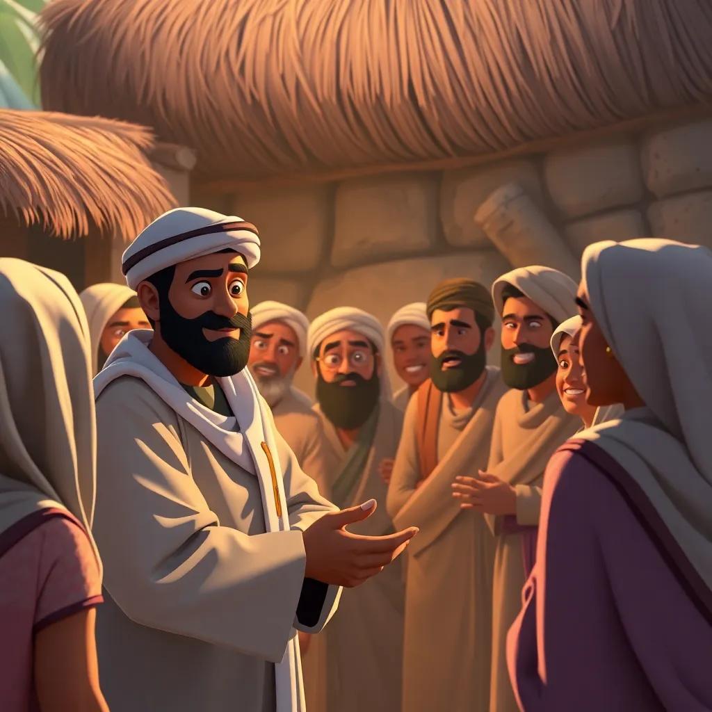 The village gathering again with Sheikh Salim encouraging everyone to help, صالح showing a reluctant expression, villagers showing enthusiasm, community bonding, inspiring scene, warm light, focused
