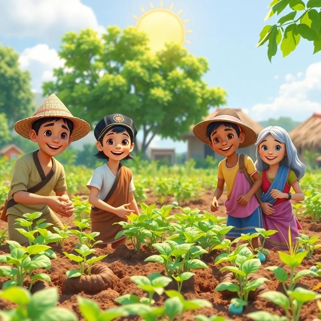 A sunny day in the village as villagers work together in the fields, plants growing vigorously, smiles on their faces, a sense of togetherness being emphasized, cheerful environment, bright, colorful
