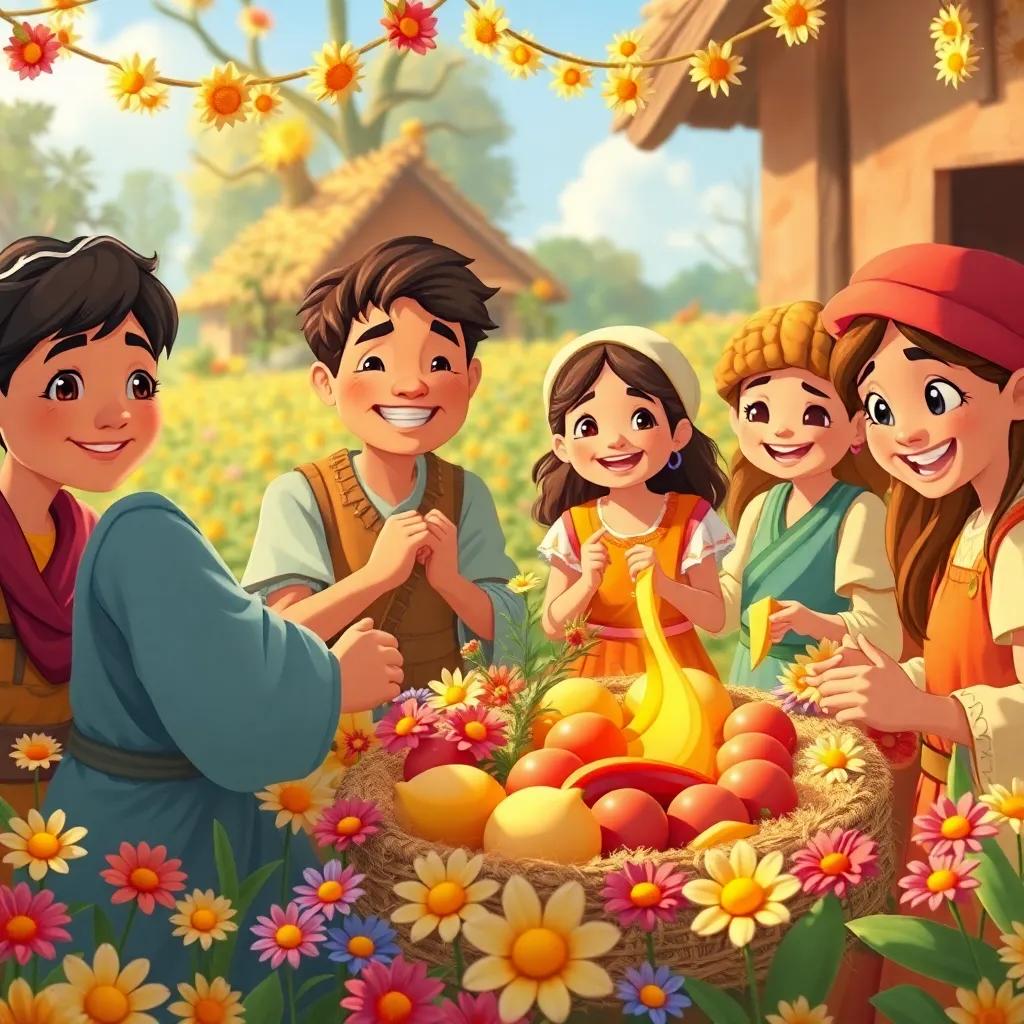 The villagers celebrating the harvest with a vibrant feast, flowers around them representing hope, joyful expressions, strong sense of community, warmth, delightful setting, cheerful