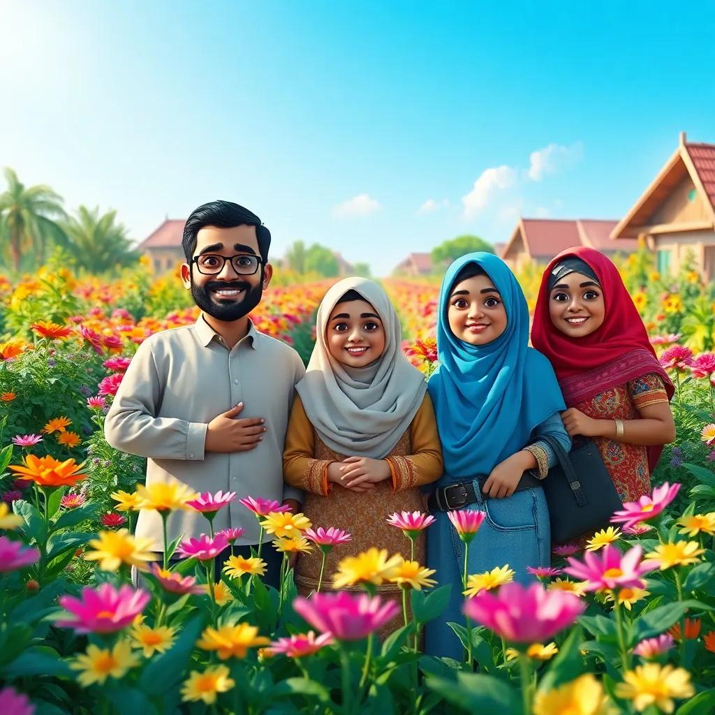 Ali, Fatima and villagers standing proudly in a garden full of colorful flowers, smiling faces and hopeful expressions radiating joy, signifying the "زهرة الأمل", vibrant colors, uplifting scene, inspiring atmosphere