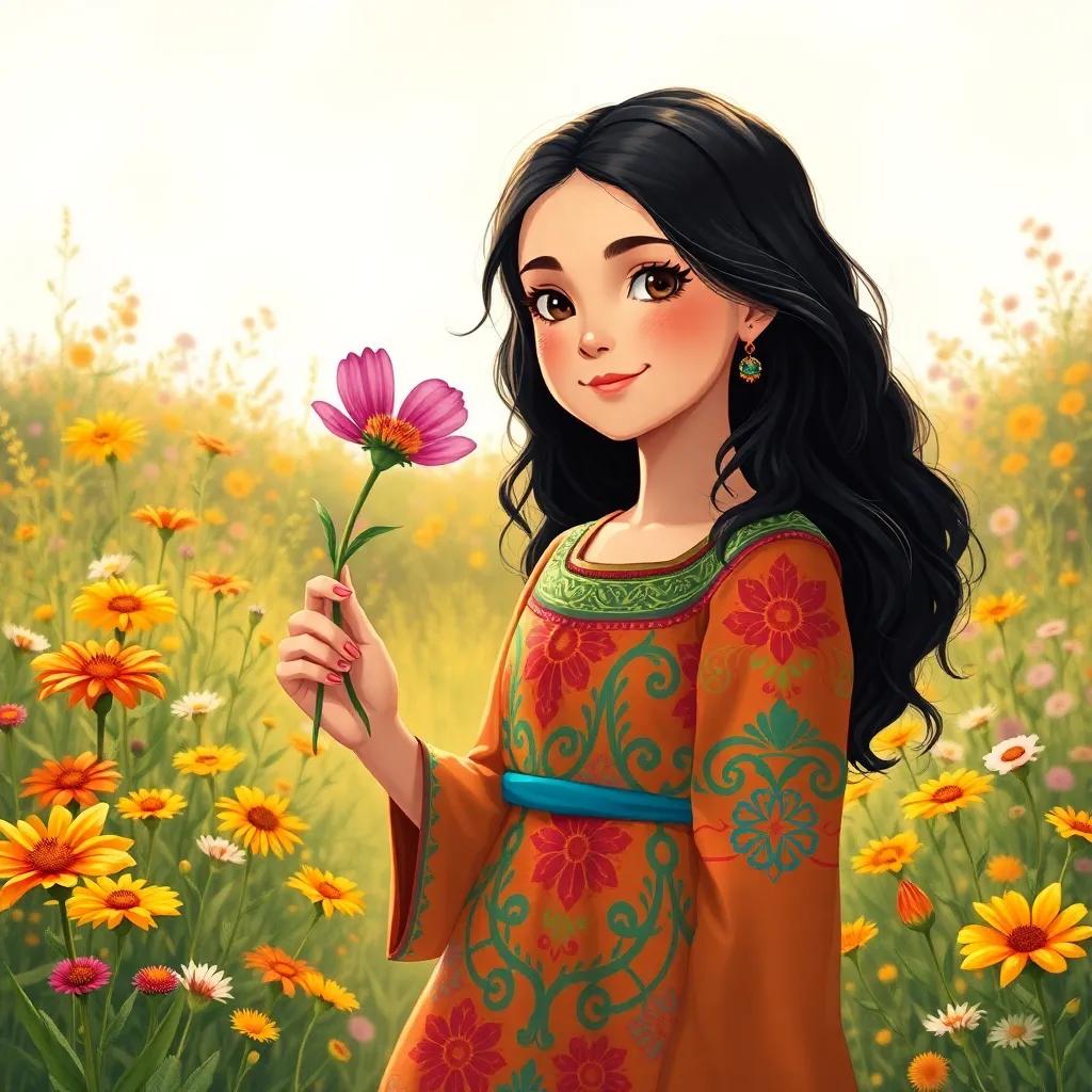 Lina, a young Arab girl with long black hair in a colorful dress, holding a rare flower in her hand, standing in a sunny garden surrounded by wildflowers, illustration, warm light, joyful vibe, high quality