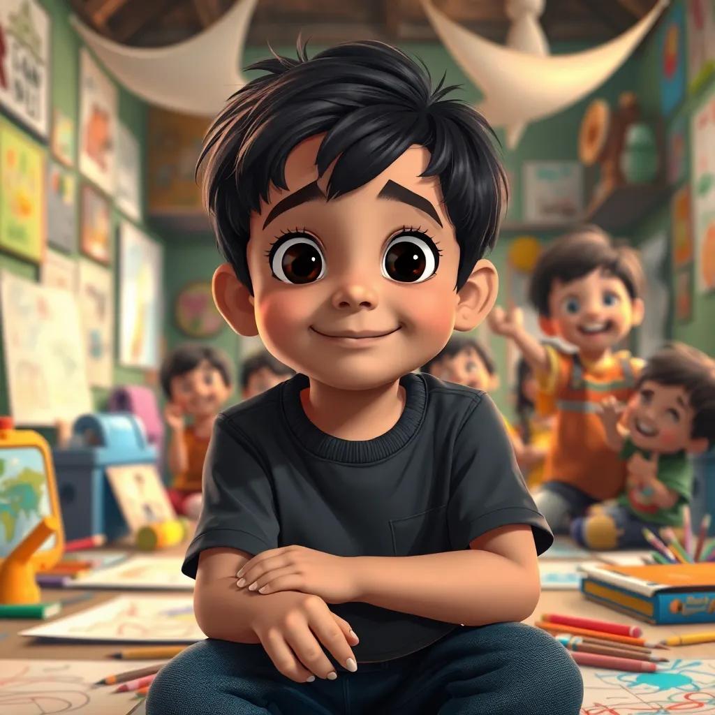 Yusuf, a young boy with dark hair, sitting in a children's shelter filled with drawings and art supplies, surrounded by other children expressing joy and creativity, digital art, warm colors, inviting atmosphere, uplifting perspective, high quality