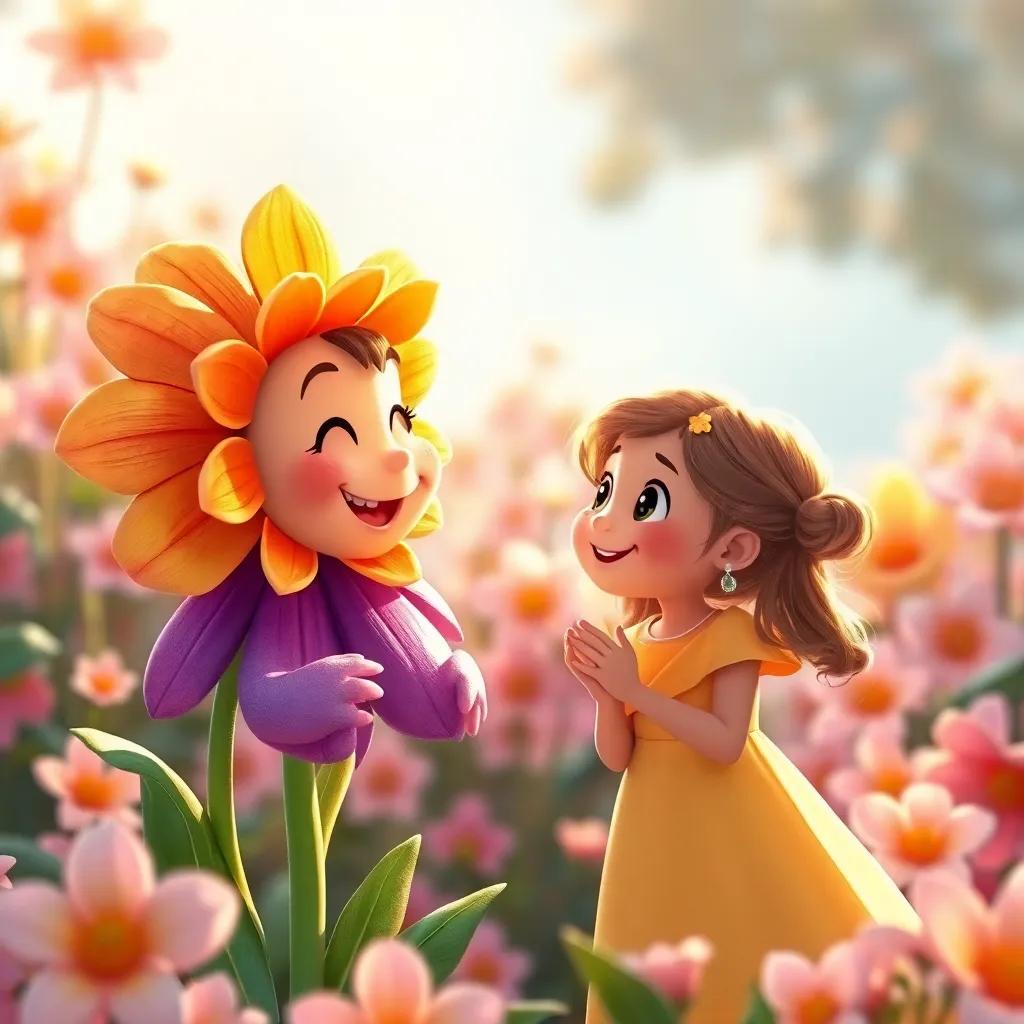 A warm scene of the flower talking to the little girl, showing friendship, soft light illuminating the flowers, cheerful expressions on both sides, a background of blooming flowers, detailed digital art, uplifting mood, bright colors
