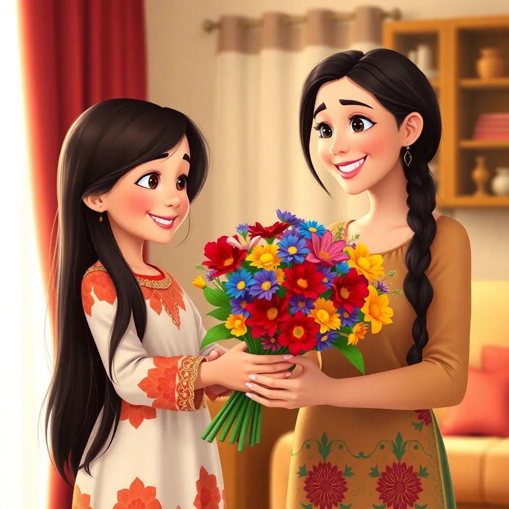 Zena, a young Arab girl with long, dark hair in a colorful dress, presenting a beautiful bouquet of red, blue, and yellow flowers to her smiling mother at home, warm light, happy family scene, high quality