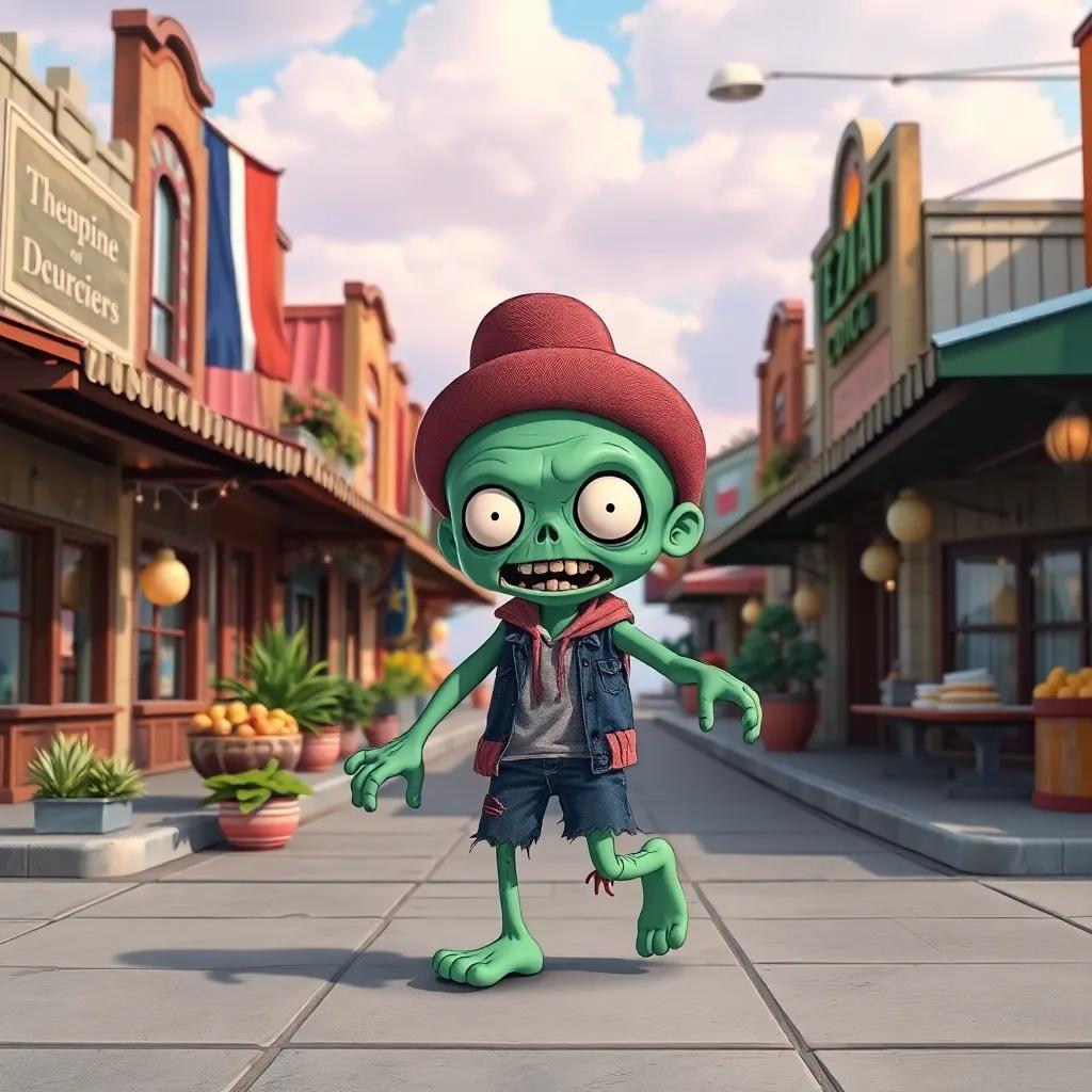 A cute zombie named Zombki, with green skin and silly clothes, walking happily in a Texas town looking for food, cheerful cartoon style, bright colors, friendly atmosphere, high quality