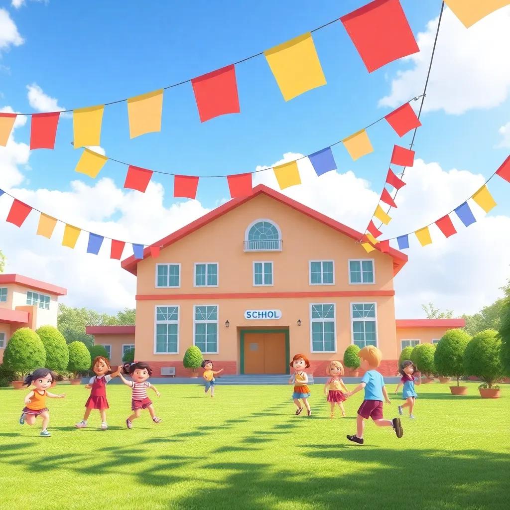 A sunny school playground with children playing joyfully, colorful banners hanging around, a happy atmosphere, vibrant colors, digital art, cheerful scene, high quality
