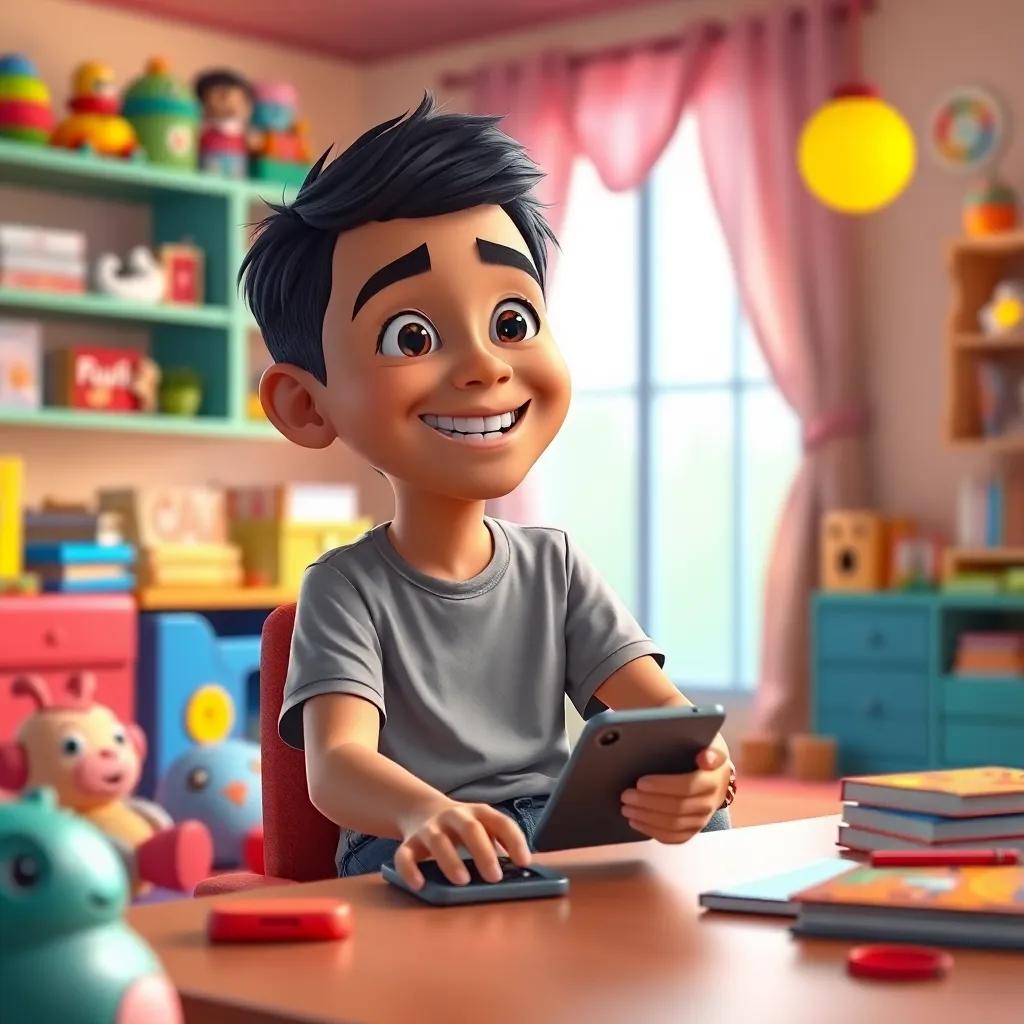 A young Arab boy, Ahmed, with short black hair wearing a comfortable t-shirt and jeans, sitting in his colorful room full of toys and books, smiling and talking to his friends through a phone on a table, digital art, bright and cheerful colors, warm lighting, inviting atmosphere, high quality