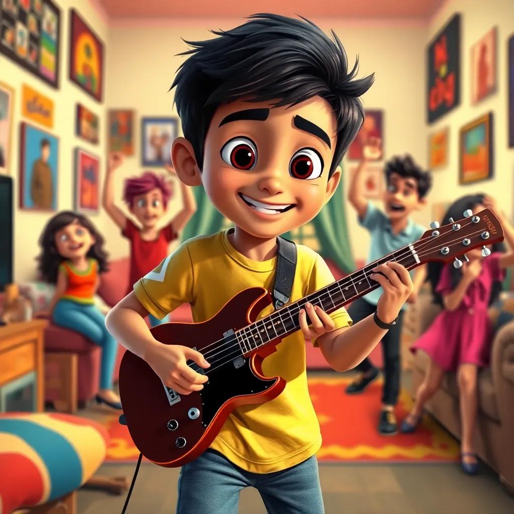 A young Arab boy, Ahmed, with short black hair wearing a comfortable t-shirt and jeans, playing music in his room with posters on the walls and a cozy couch, his friends dancing around him, joyful expressions, colorful, vibrant, fun perspective, high quality