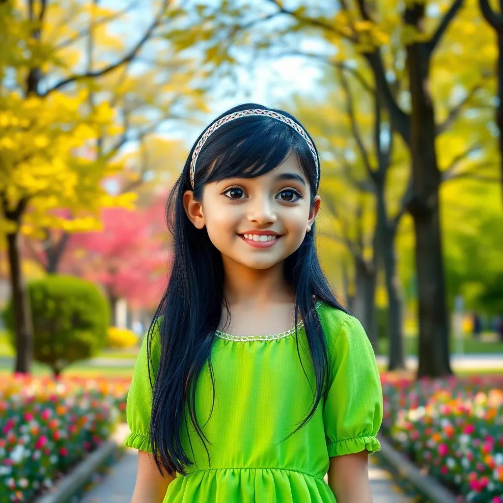 A girl, Asil, a 16-year-old Middle Eastern girl with long black hair, wearing a bright green dress and a headband, standing in a beautiful park with trees and flowers, smiling at her friend, cheerful atmosphere, vibrant colors, digital art, child-friendly