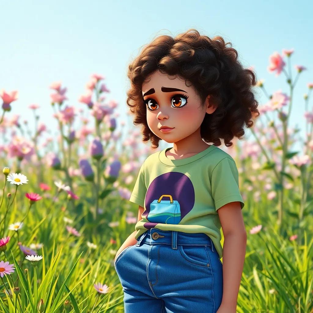A girl, Sarah, a 16-year-old Middle Eastern girl with curly hair, wearing casual jeans and a colorful t-shirt, looking at littering with a confused expression, surrounded by blooming flowers and green grass, illustration, thoughtful mood, bright daylight, child-friendly