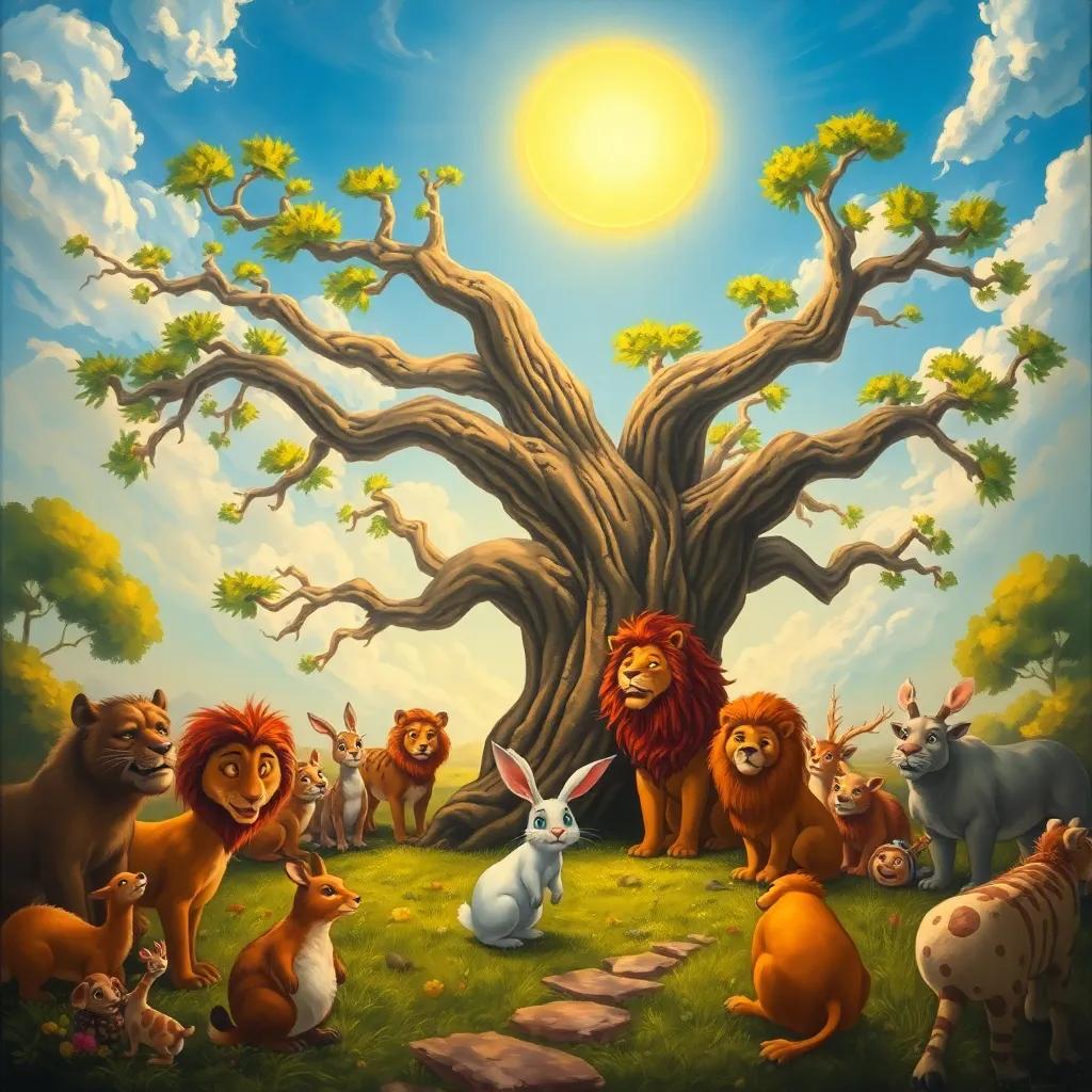 A gathering of animals around a large old tree under a sunny sky, with a rabbit suggesting a visit to the sick lion, cartoon style, vibrant colors, cheerful atmosphere, high detail
