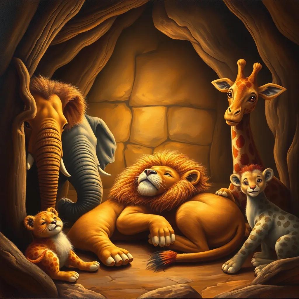 A warm scene inside the lion's den with the sick lion resting, surrounded by cheerful animals including an elephant and a giraffe, bright and inviting light, friendly expressions, high quality